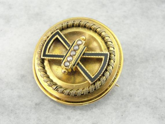 Victorian Seed Pearl Enamel Gold Brooch