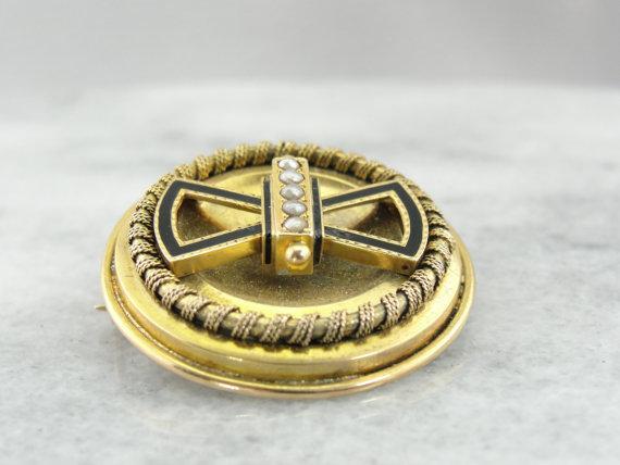 Victorian Seed Pearl Enamel Gold Brooch