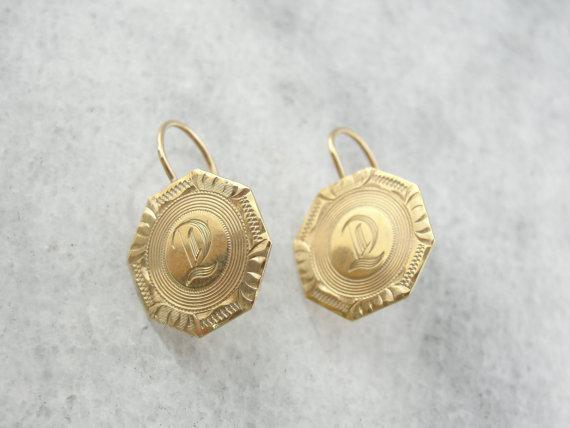 D Initialed 14K Yellow Gold Cufflink Drop Earrings