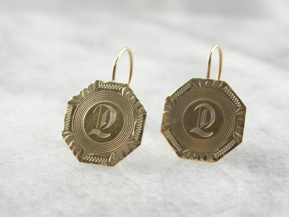 D Initialed 14K Yellow Gold Cufflink Drop Earrings