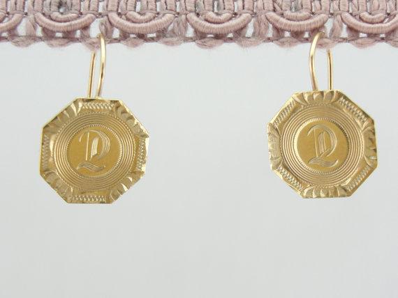 D Initialed 14K Yellow Gold Cufflink Drop Earrings