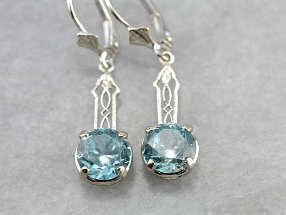 Art Deco Blue Zircon Filigree White Gold Drop Earrings