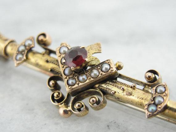 Gothic Victorian Garnet and Pearl Gold Bar Pin Brooch