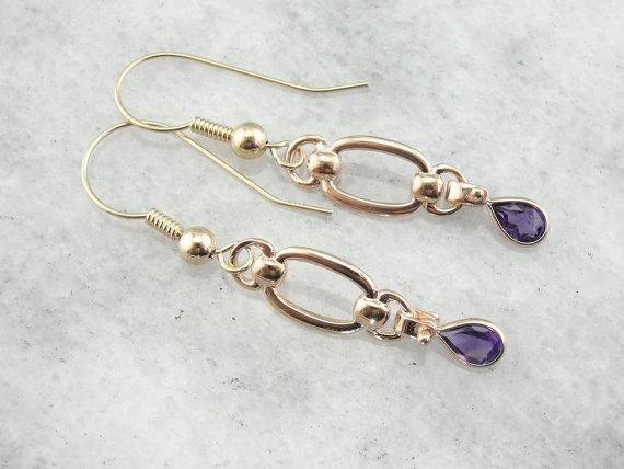 Amethyst Teardrops and Golden Links, Handcrafted Earrings