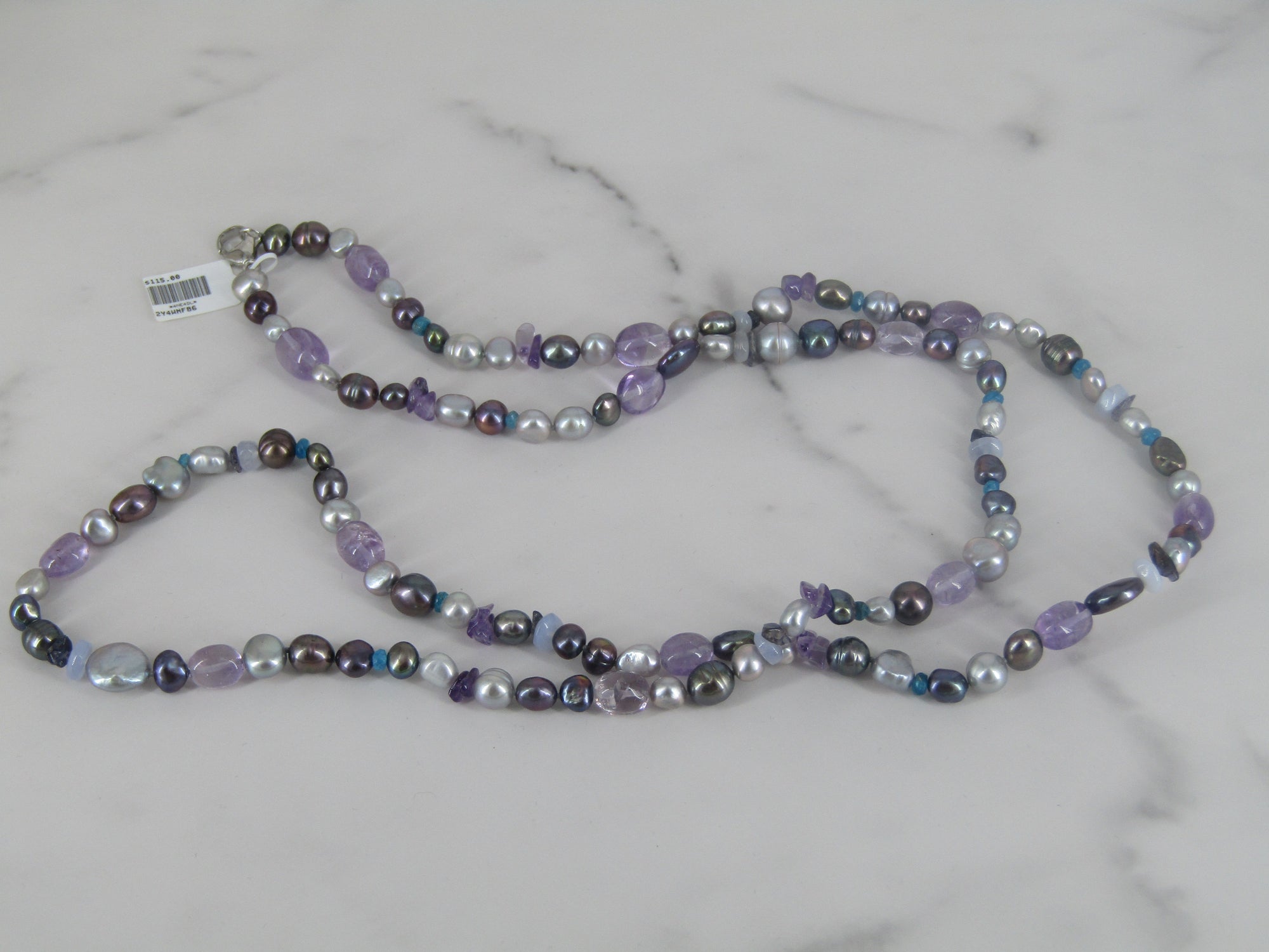 Necklace With Grey Pearls And Amethyst Beads