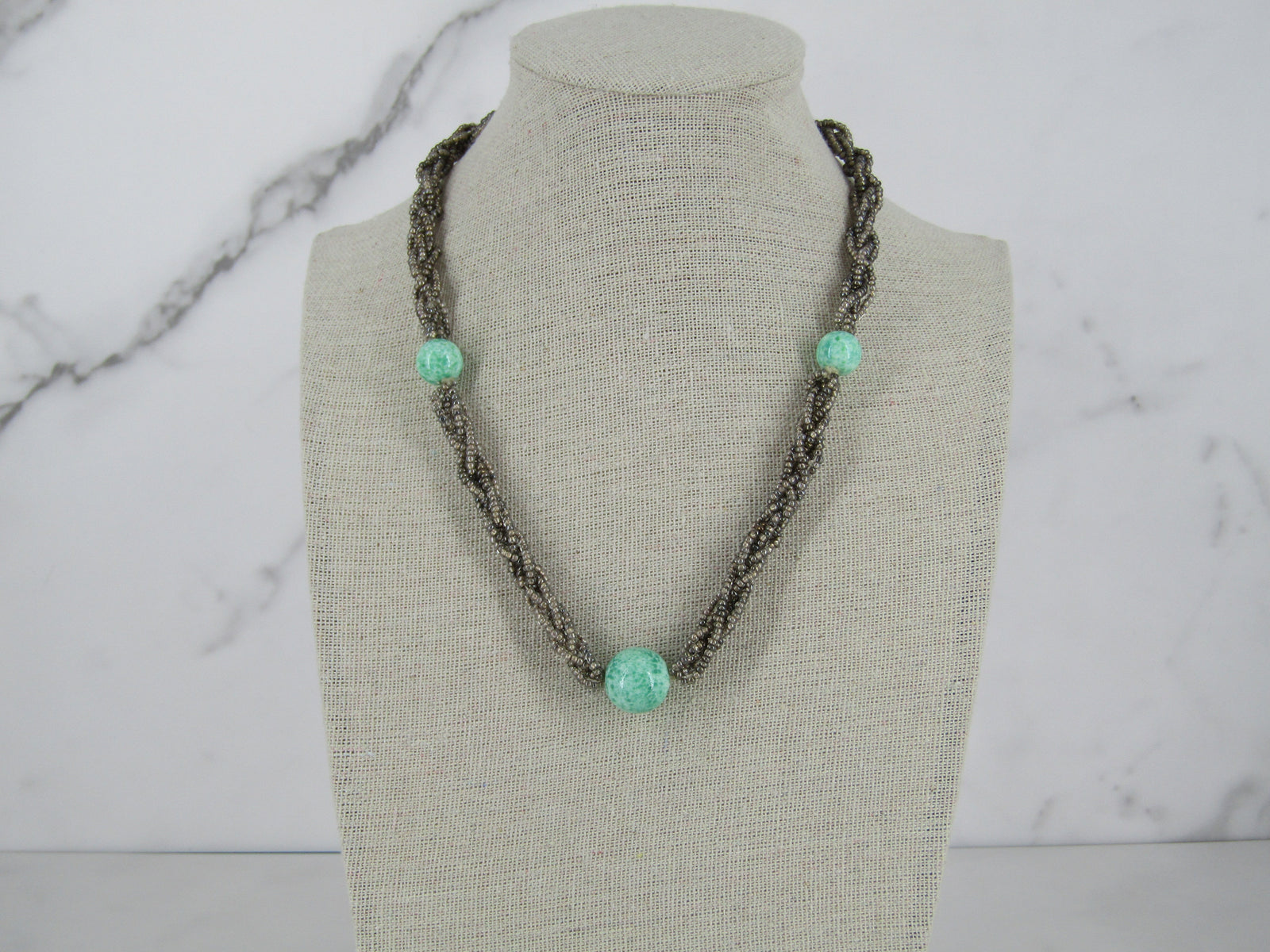 Taupe Colored Antique Beaded Necklace With Green Glass Beads