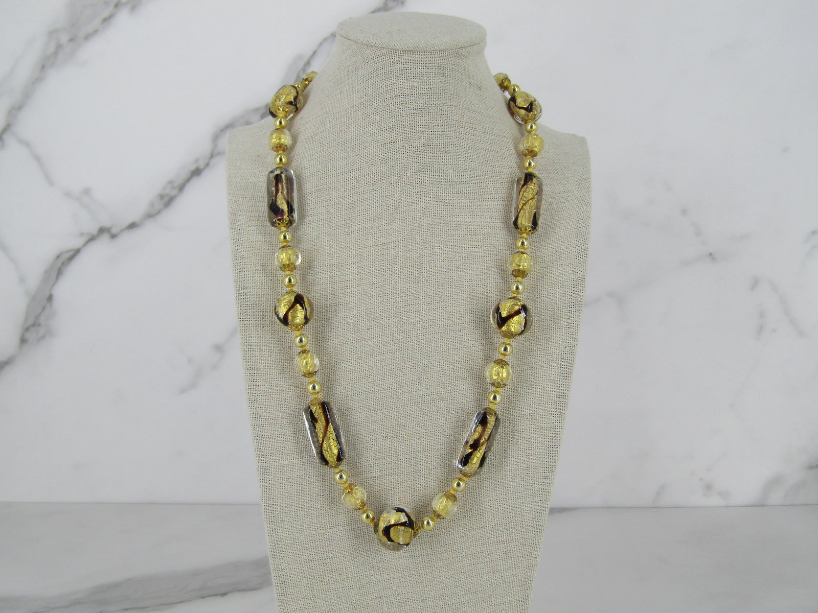 Gold And Brown Swirl Italian Glass Bead Necklace