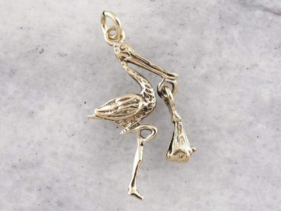 The Stork is Here, Vintage Stork Delivery Charm or Pendant, Baby Shower Keepsake