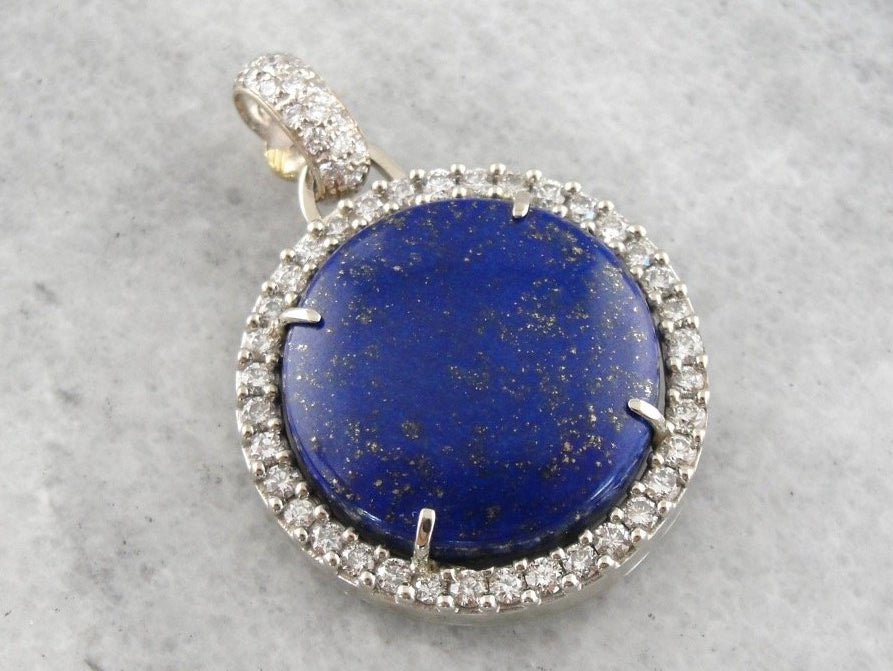 Lapis and Diamond Halo Pendant in White Gold