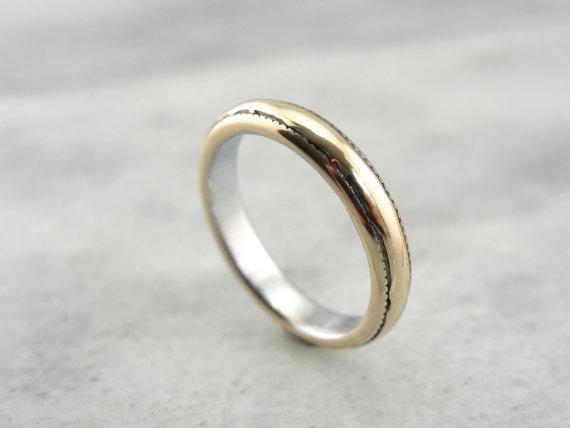 Yellow and White Gold Wedding Band with Milgrain Edging