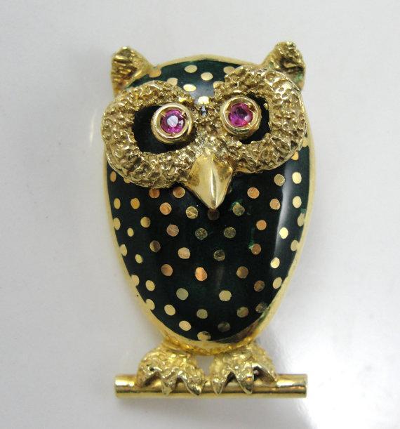 Italian Vintage Ruby Eyed Owl Pin