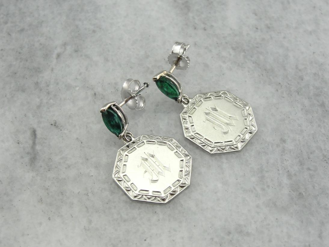 Elegant Emeralds and M Monogram Drop Earrings