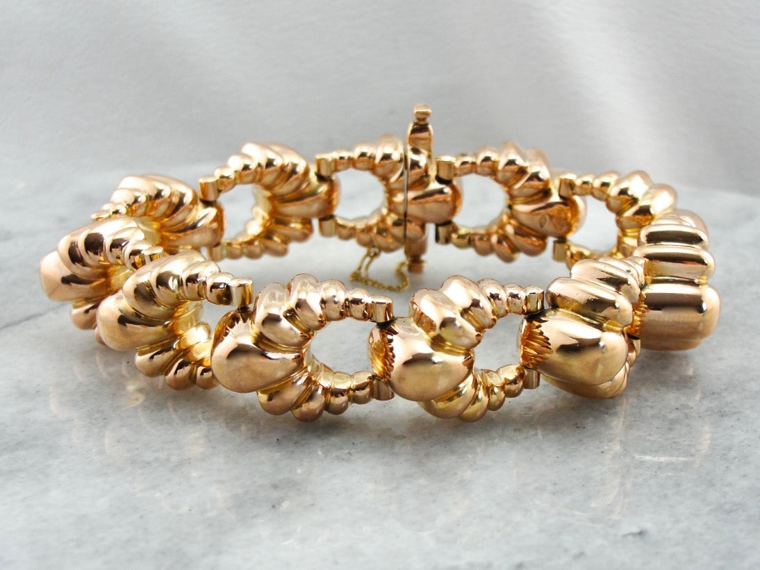 Huge Heavy Rose Gold Bracelet, Scalloped Link Bracelet, Rose Gold Link Bracelet