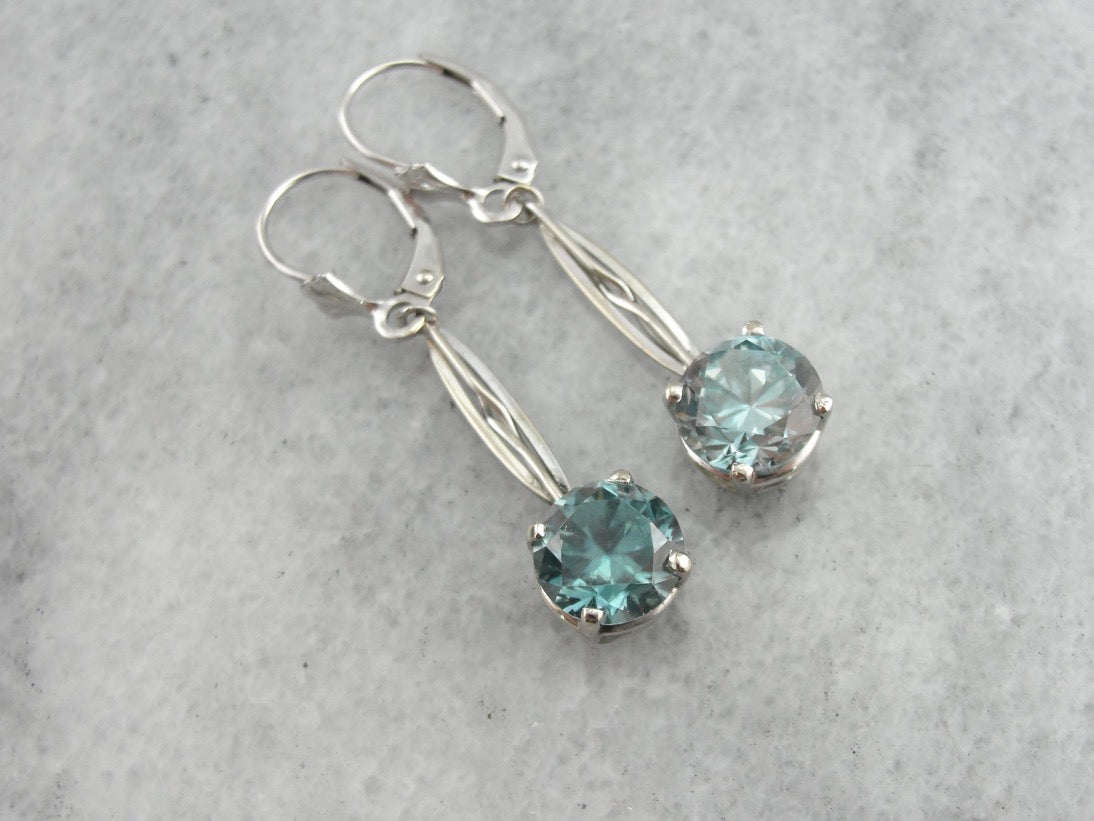 December Blue Zircon Birthstone Drop Earrings in White Gold, Vintage Pieces