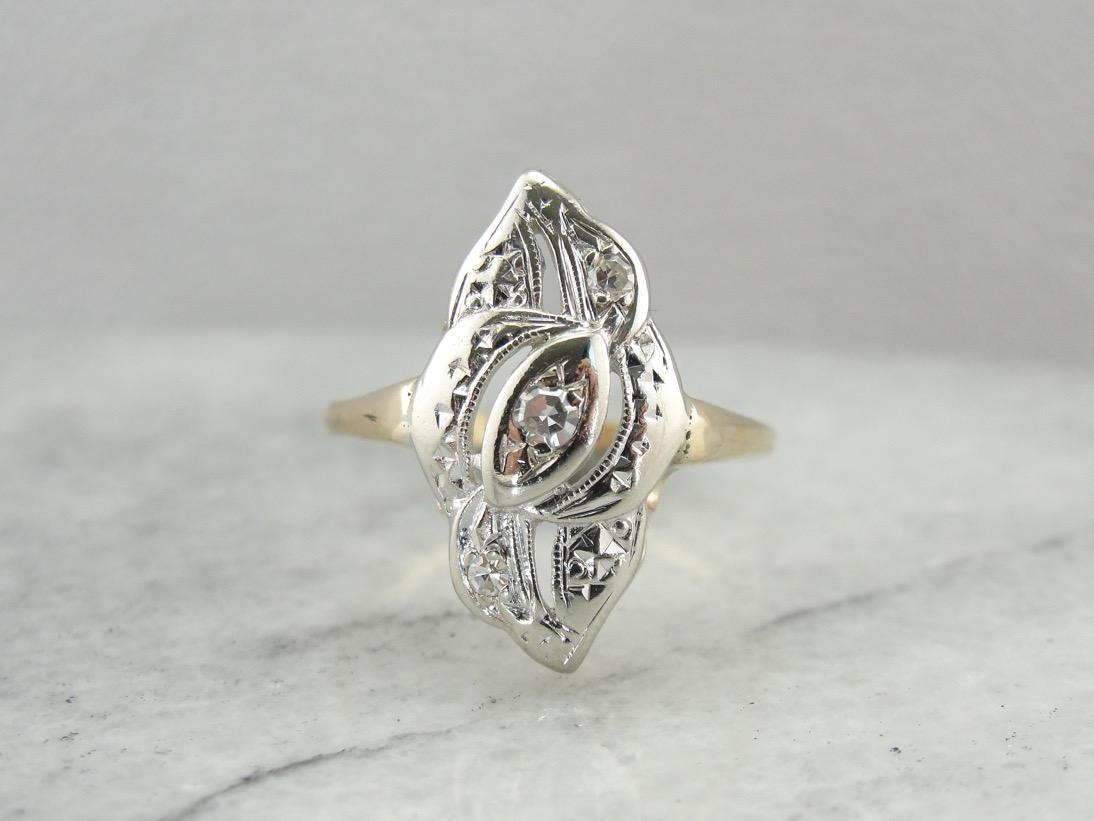 Two Tone Retro Era Diamond Cocktail Dinner Ring