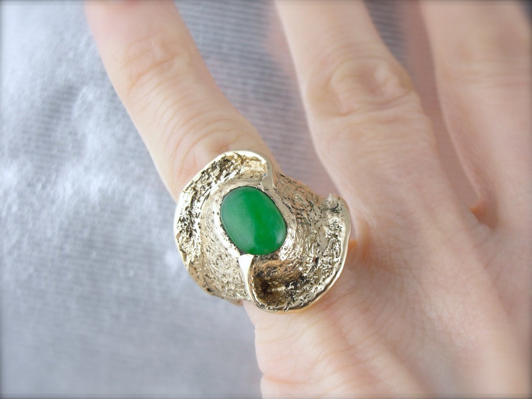 Unusual Jade Statement Ring Chunky Yellow Gold Setting