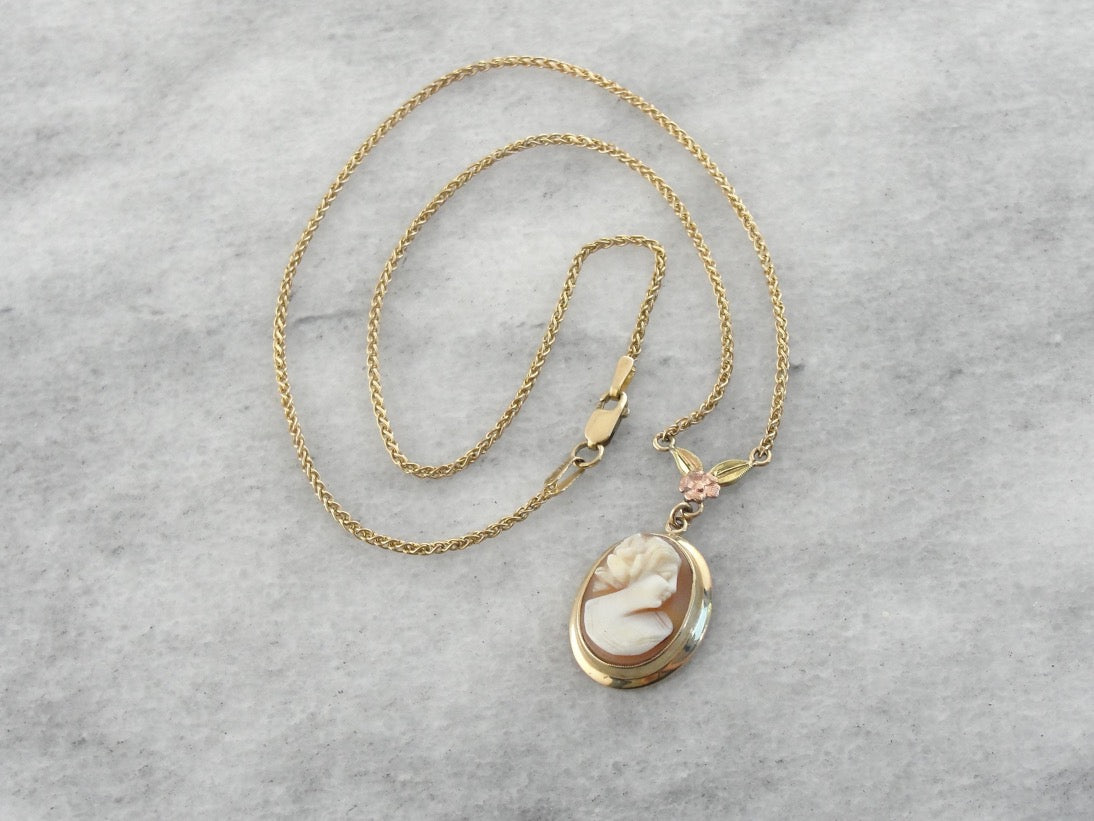 Retro Era Cameo Necklace with Floral Detail in Rose Gold