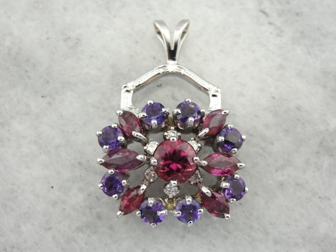 Stunning Color! Pink Tourmaline, Amethyst, Pink Sapphire and Diamond Cluster Pendant with Antique White Gold Elements