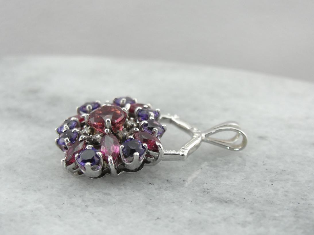 Stunning Color! Pink Tourmaline, Amethyst, Pink Sapphire and Diamond Cluster Pendant with Antique White Gold Elements