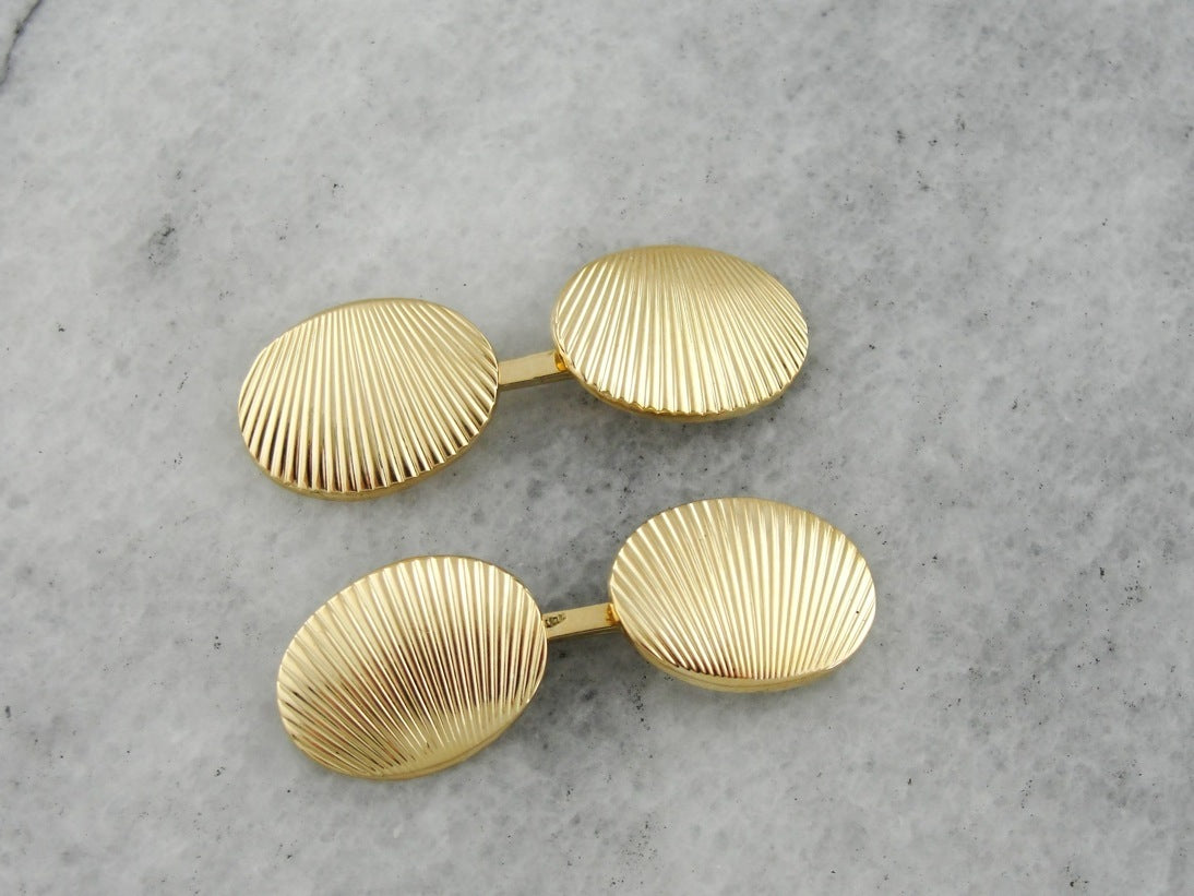 Vintage Seashell Oval Heavy Yellow Gold Cufflinks for a Man or Woman