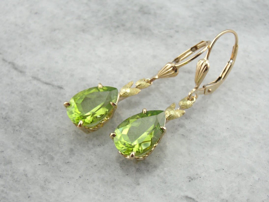 Perfect Green Drops Peridot Drop Earrings with Leaf Motif Accent