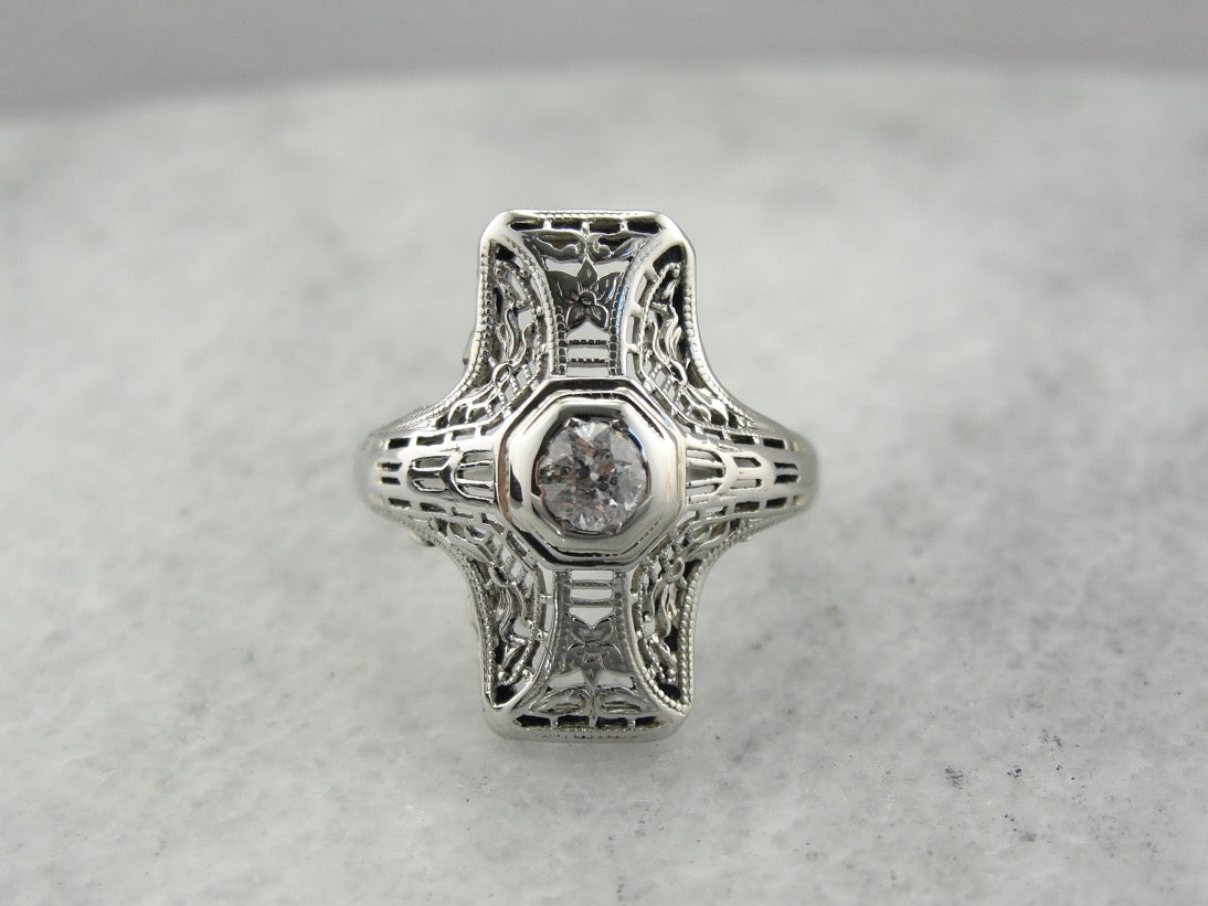 Art Deco Filigree Dinner Ring in White Gold with Old Mine Cut Diamond Center