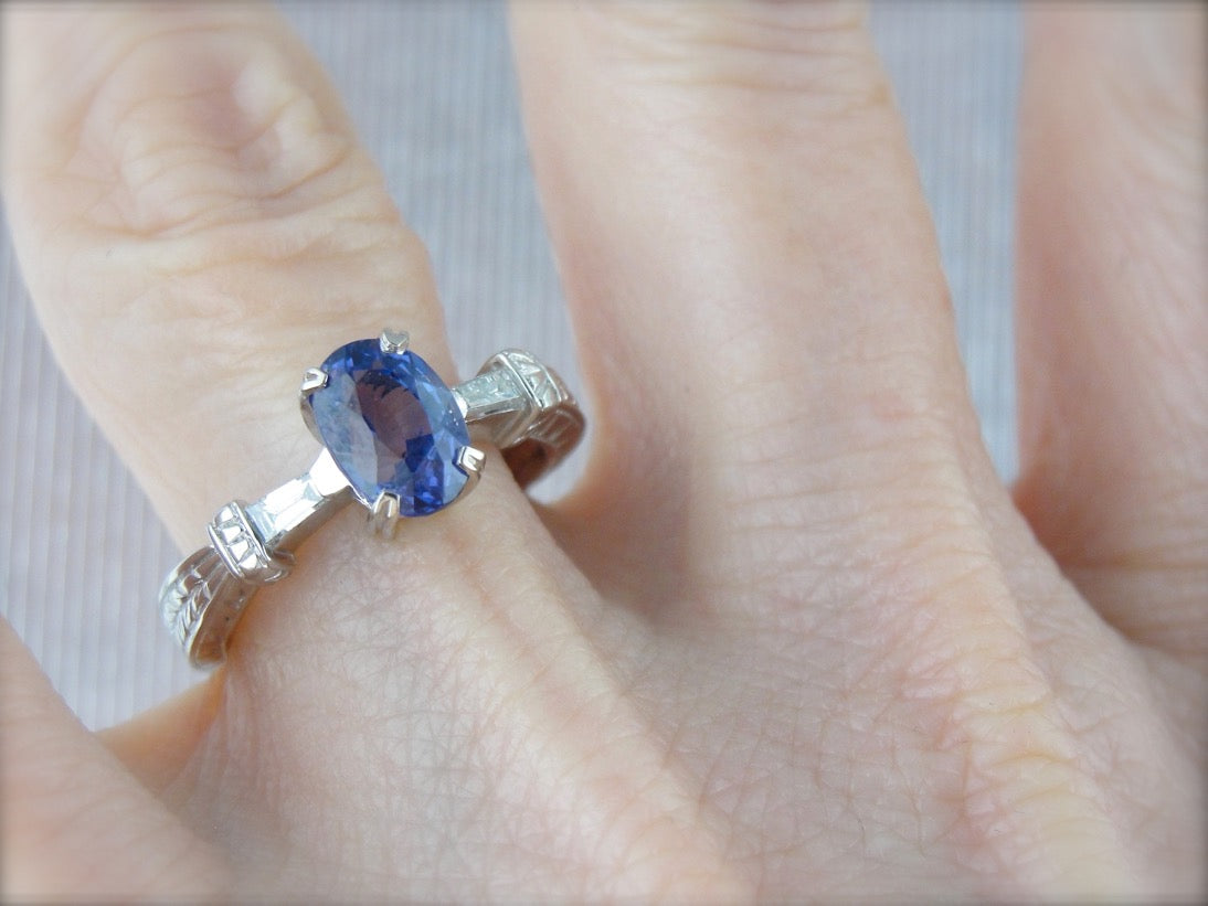 Contemporary Sapphire and Tapered Baguette Diamond Engagement Ring in Platinum