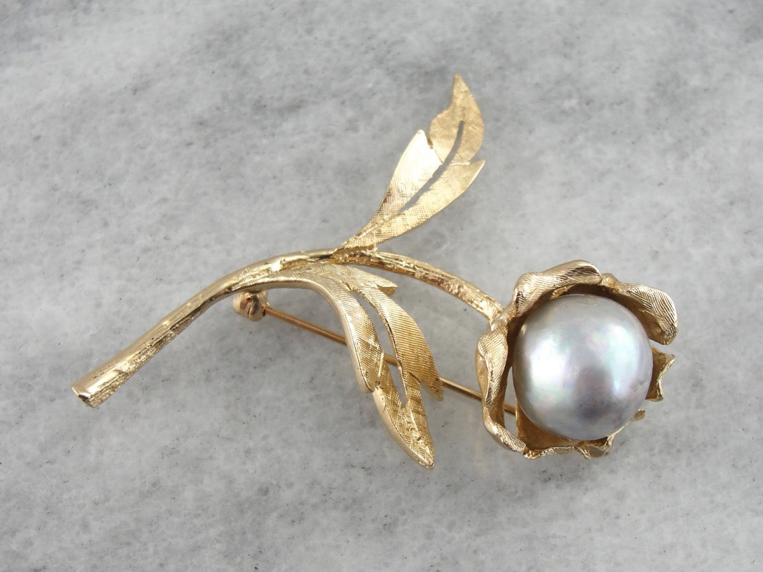 Bold Gold &amp; Vintage Baroque Pearl Floral Brooch, Large Mid Century Statement Brooch