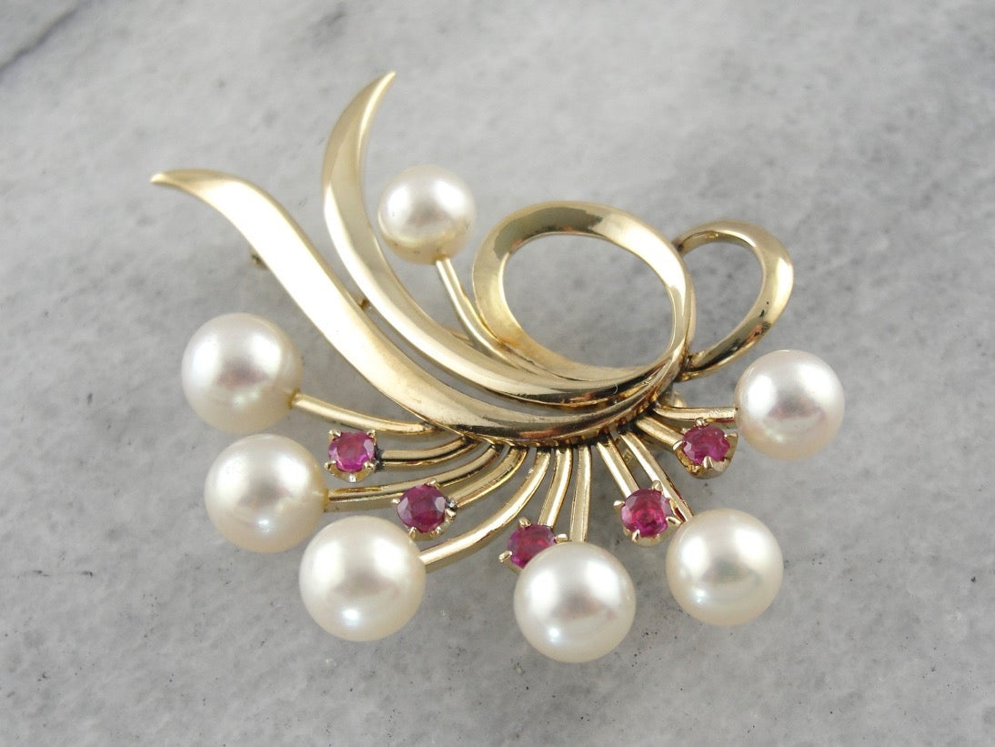 Vintage Pearl and Ruby Brooch in Yellow Gold, Abstract Statement Pin