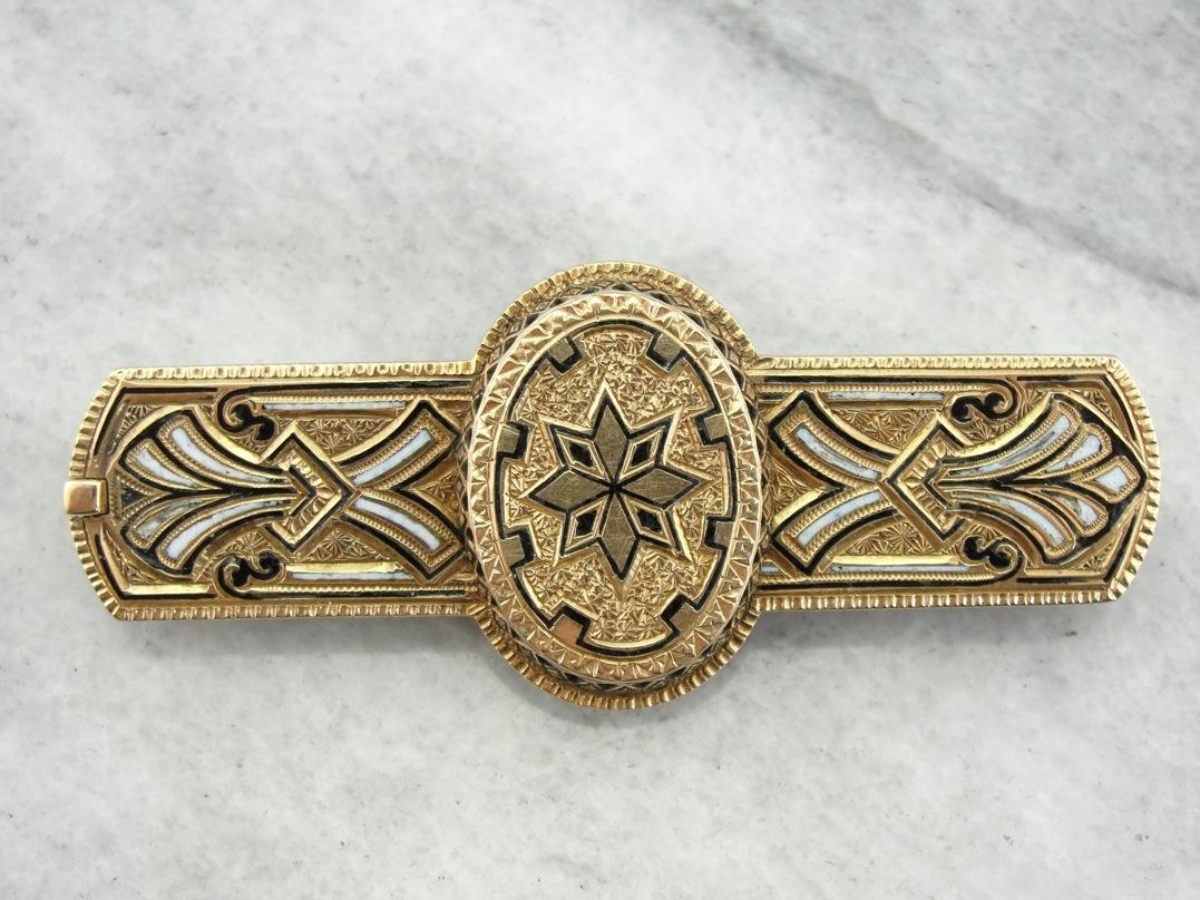 Ornate and Elegant: Victorian Gothic Enamel Brooch