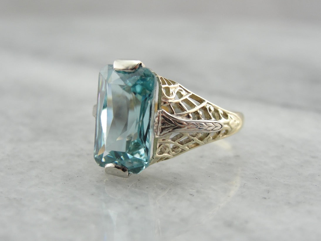 Blue Zircon Cocktail Ring in Two Tone Gold Filigree Setting