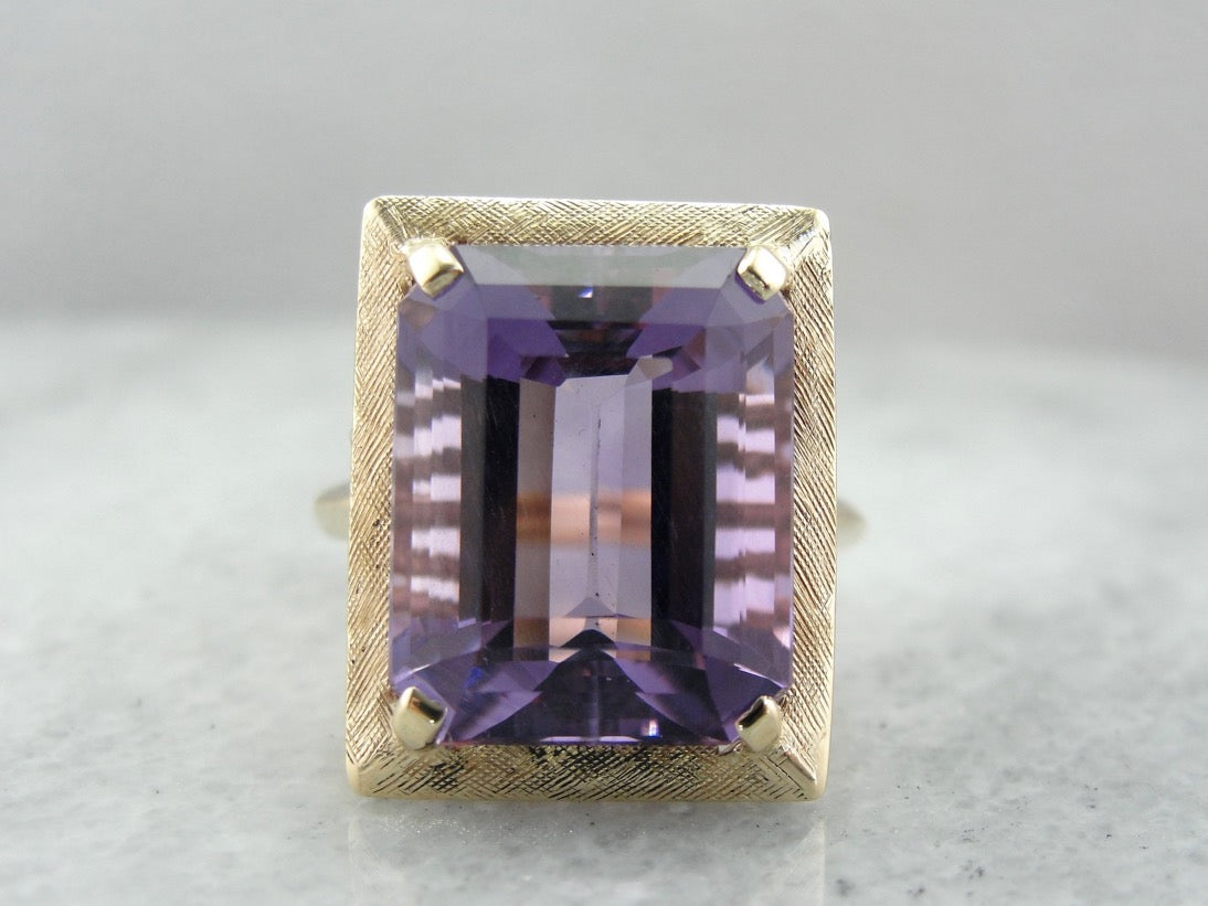 1970's Amethyst Cocktail Ring with Perfect Brushed Finish, Yellow Gold Frame