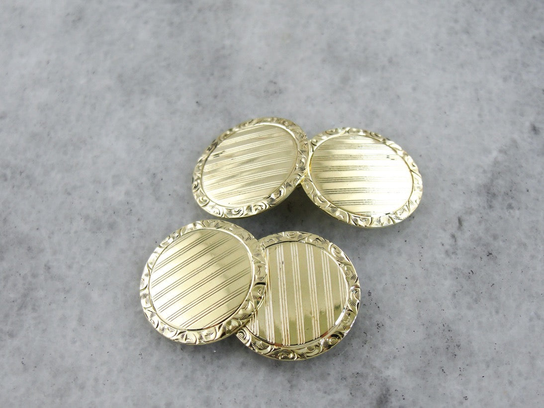 Green Gold Cufflinks, Engraved Circular Discs from the Late Art Deco Period