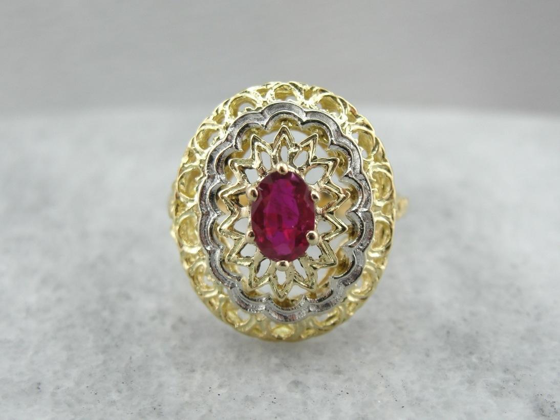 Ruby and Bright Gold Filigree Cocktail Ring