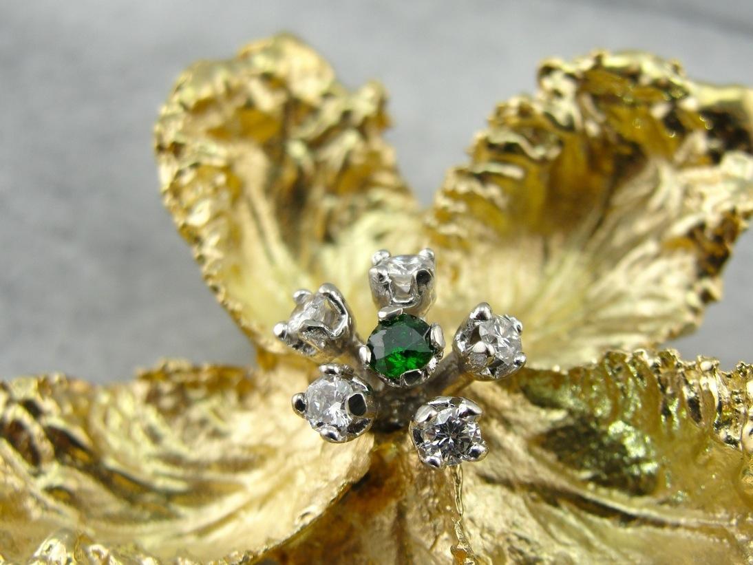 Finely Crafted Three Dimensional Floral Brooch, Demantoids and Diamonds