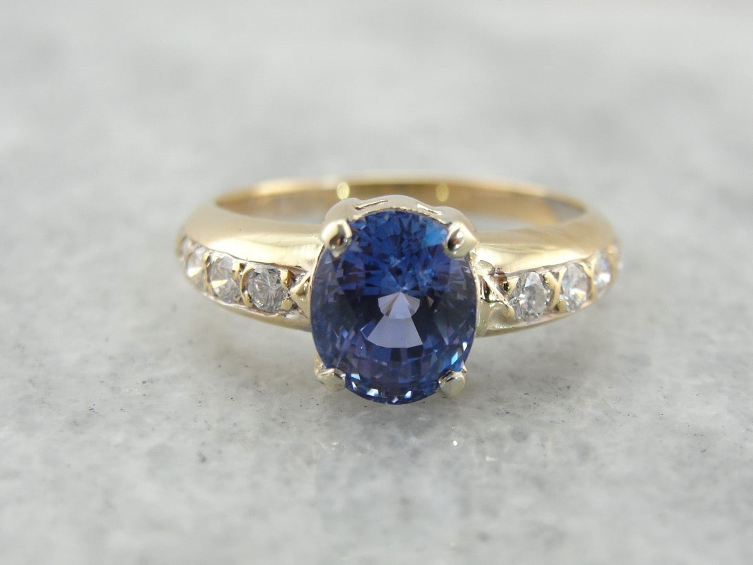 Periwinkle Blue Sapphire Engagement Ring with Diamond Accented Shoulders