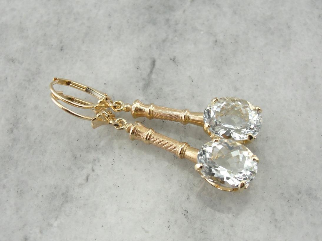 Bamboo Under Ice: White Topaz Drop Earrings with Antique Accents