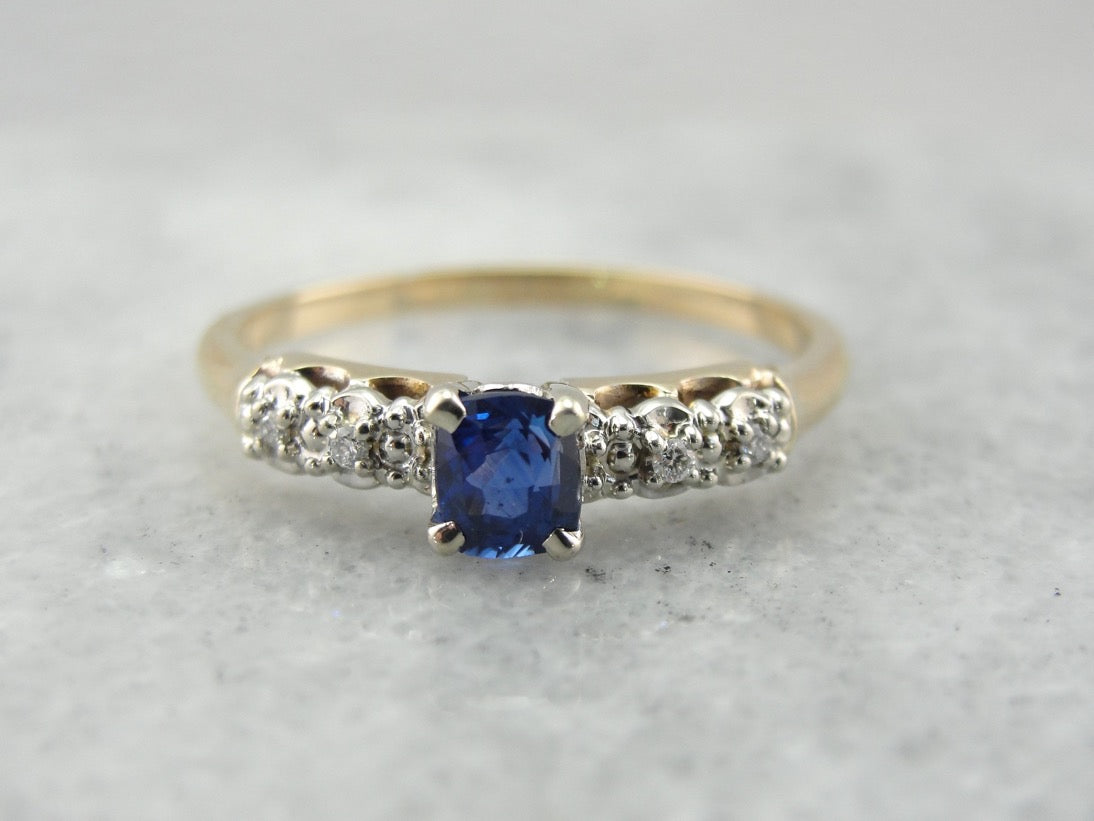 Bright Blue Sapphire Engagement Ring in Yellow and White Gold