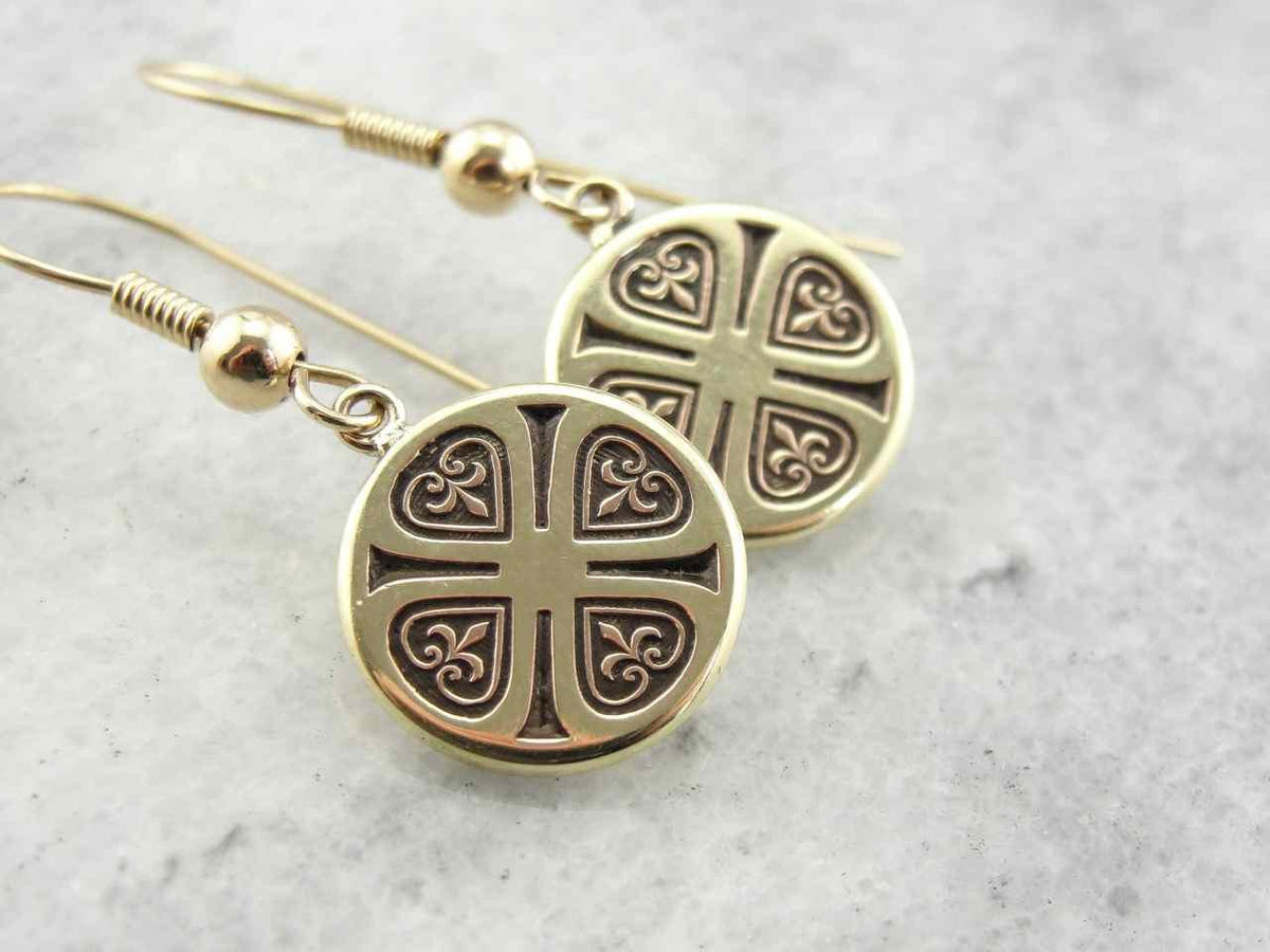 Vintage Fleur De Lis Drop Earrings in Yellow Gold