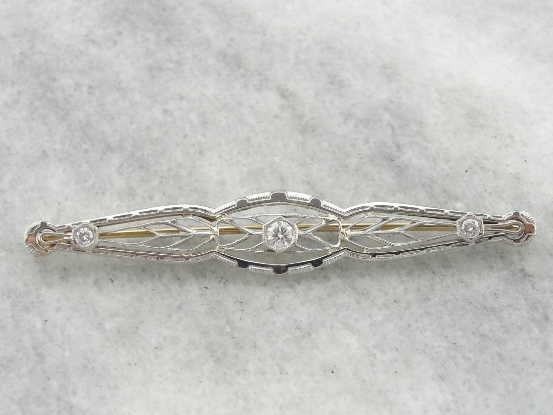 Art Deco Diamond White Gold Filigree Bar Pin