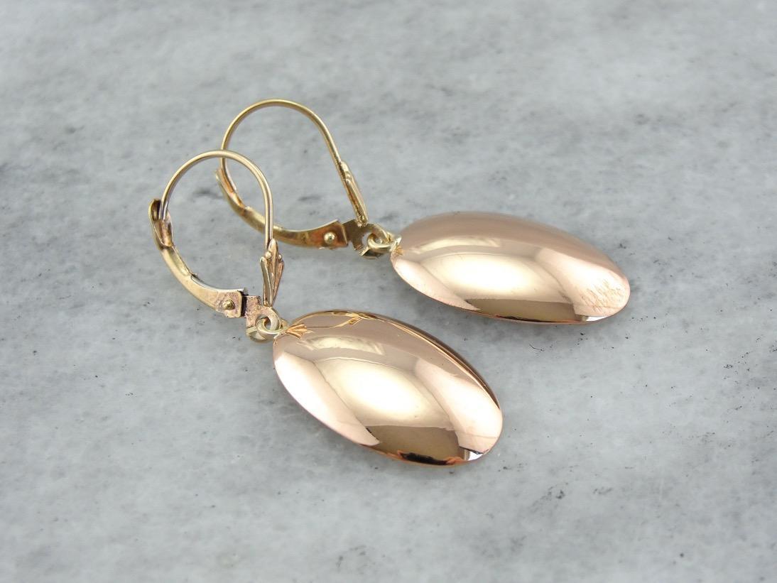 Minimalist Polished Yellow Gold Drop Earrings, Warm Antique Gold Color