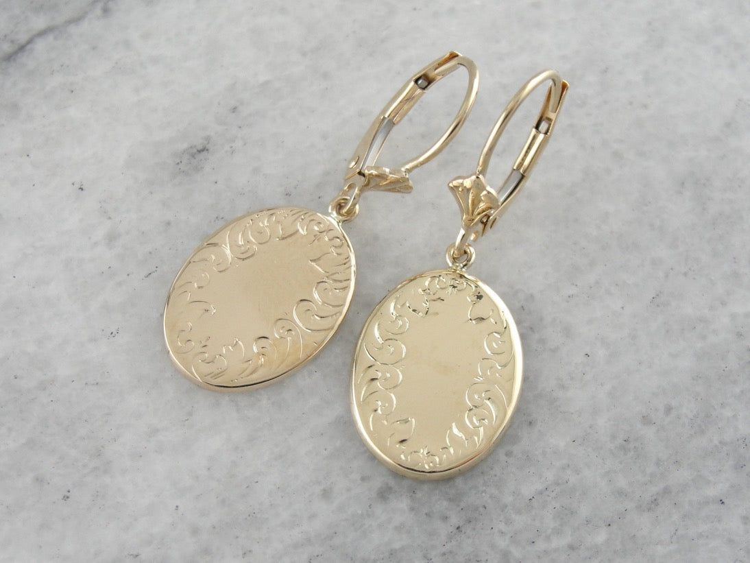 Yellow Gold Drop Earrings with Simple, Engraved Border