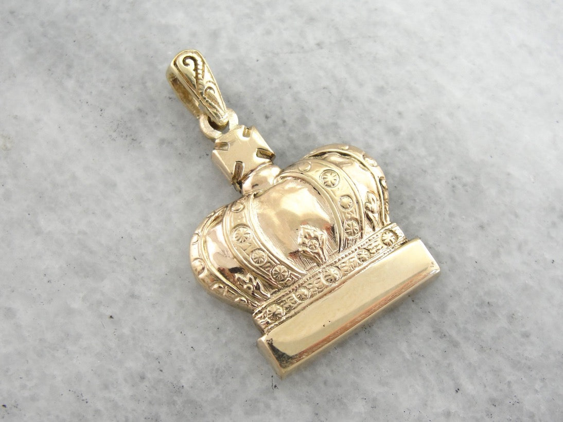 Solid Gold Crown Pendant, Ornate Detailed Crown Pendant