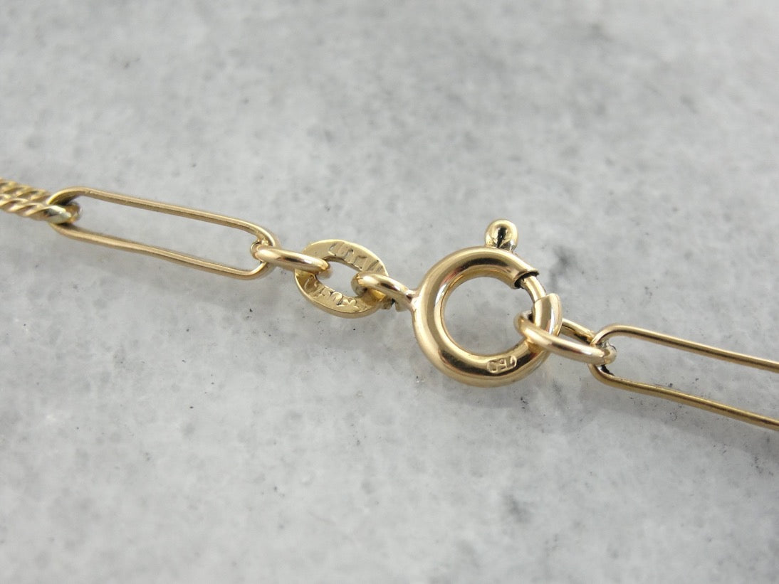 Long Yellow Gold Chain Necklace with Decorative Links Layer or Wear with Pendant
