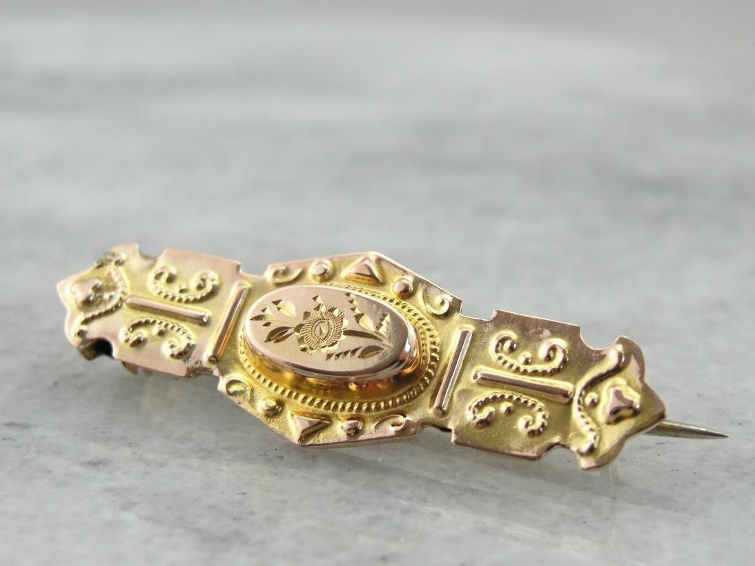 Floral Motif Center Antique Victorian Bar Pin Brooch