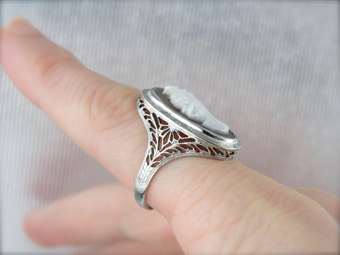 Art Deco Cameo Cocktail Ring in Filigree Mounting, Classic White Gold