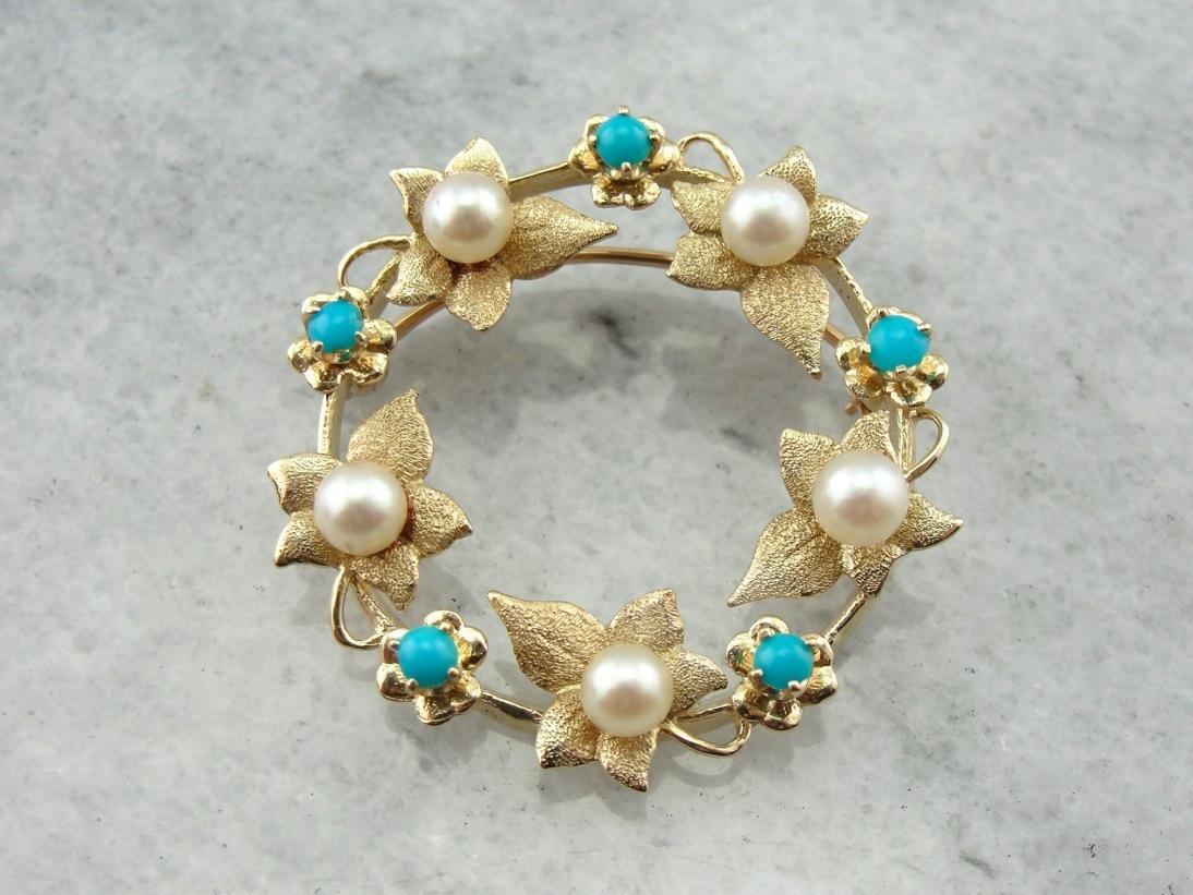 Art Nouveau Leaf, Pearl and Turquoise Circle Pin