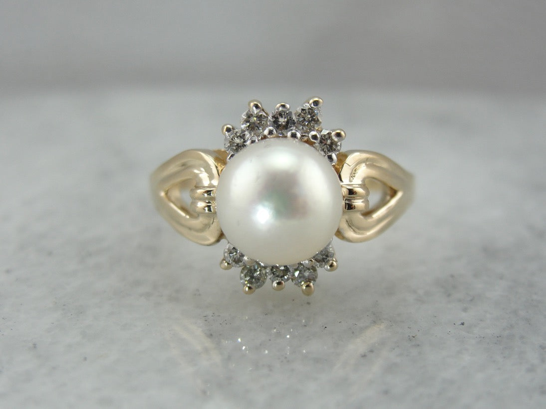 Classic White Pearl Halo Cocktail Ring in Yellow Gold