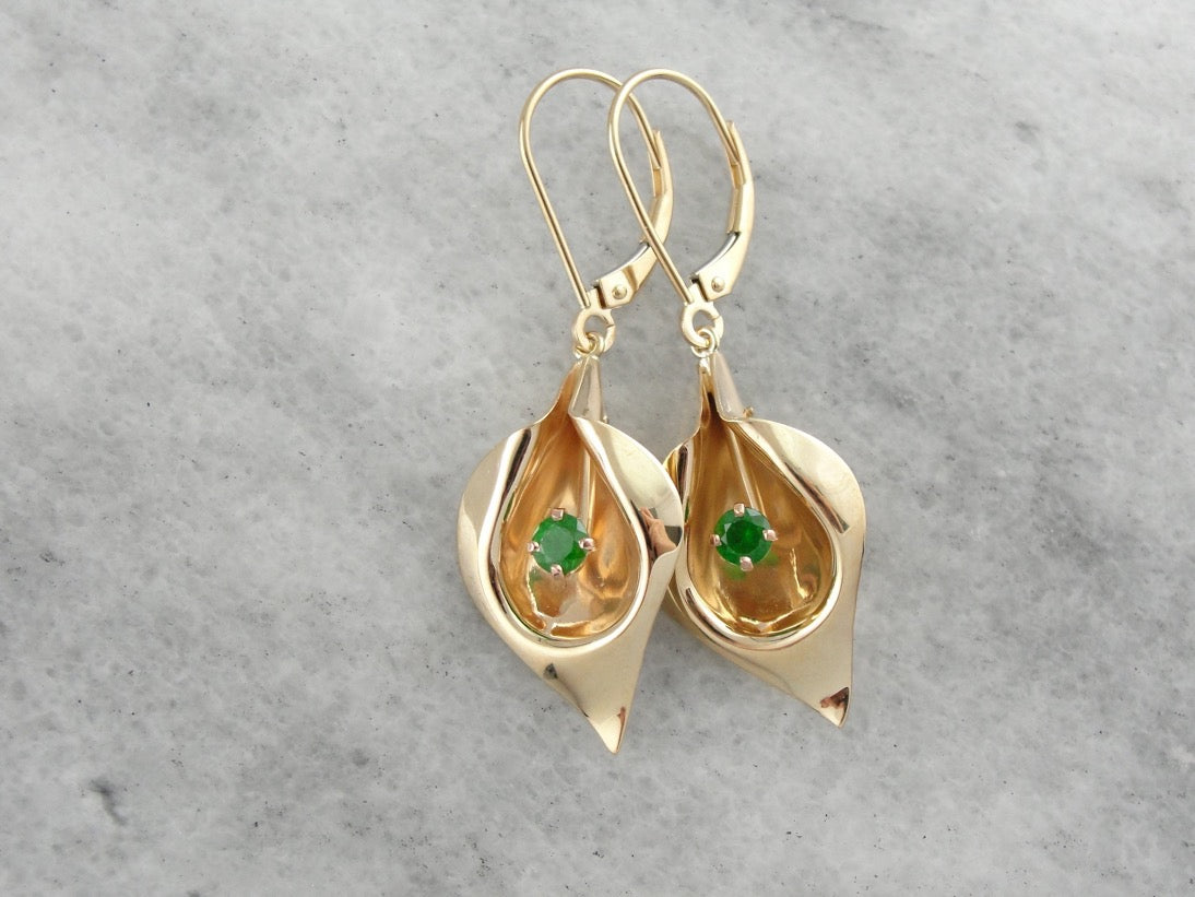 Golden Calla Lily &amp; Green Demantoid Garnet Flower Earrings