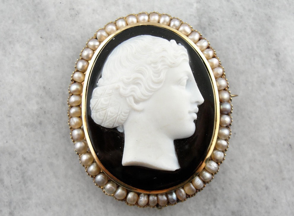 The Female Apostle Juniah: Antique Natural Pearl and Hardstone Black and White Onyx Cameo Brooch